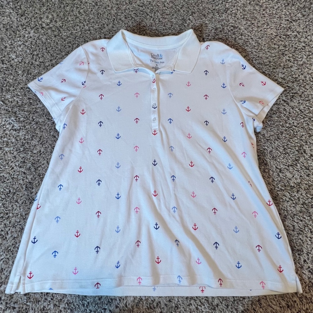 Croft & Barrow Womens XL White Nautical Anchor Print Cotton Short Sleeve Polo
